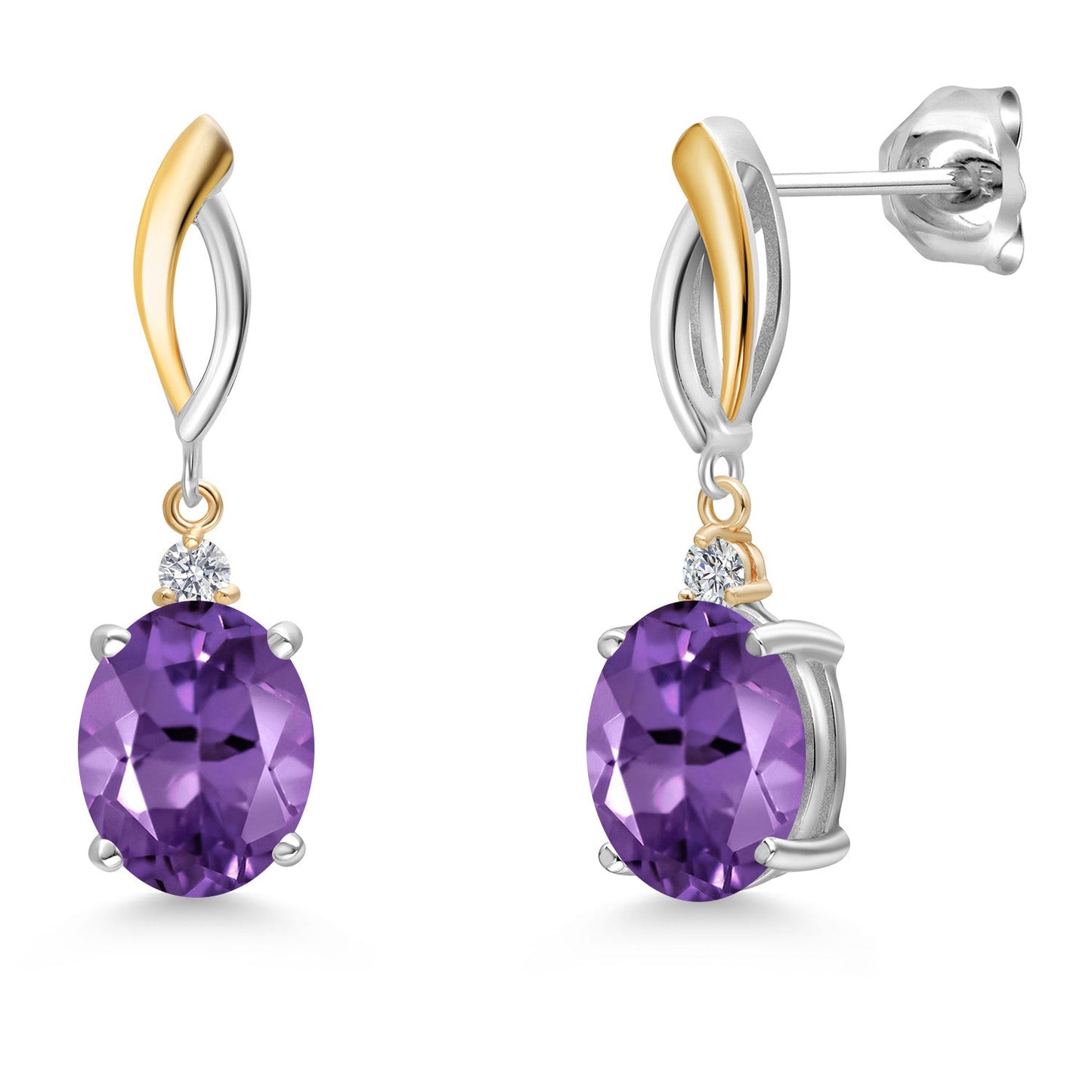 Dangle Earrings For Women In 925 Silver and 10K Yellow Gold with 10X8MM Oval Gemstone Birthstone and White Lab Grown Diamond