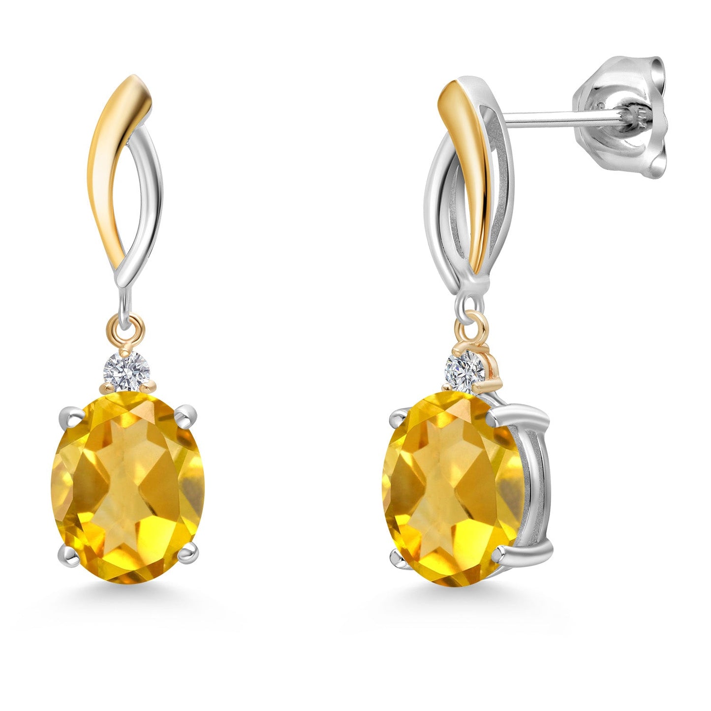 Dangle Earrings For Women In 925 Silver and 10K Yellow Gold with 10X8MM Oval Gemstone Birthstone and White Lab Grown Diamond