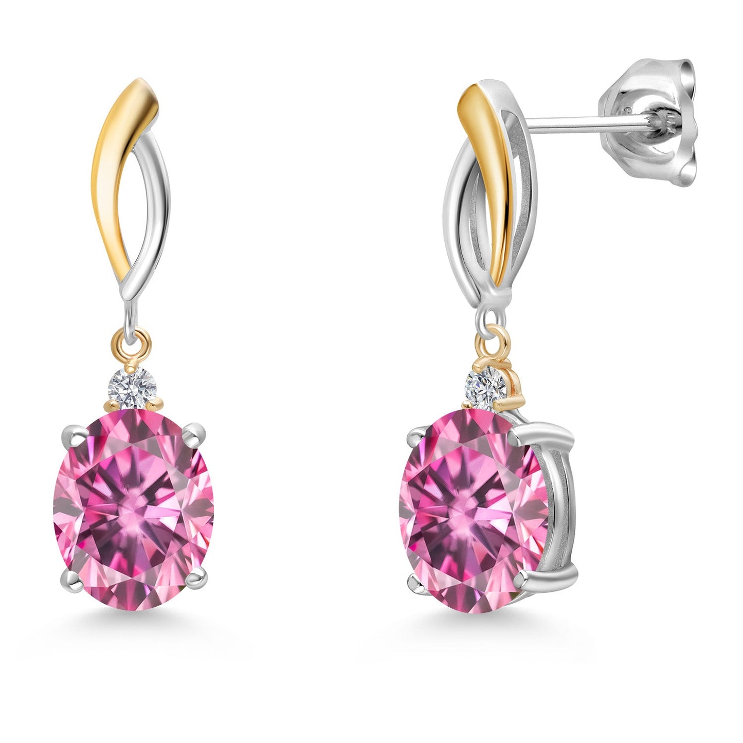 Dangle Earrings For Women In 925 Silver and 10K Yellow Gold with 10X8MM Oval Gemstone Birthstone and White Lab Grown Diamond