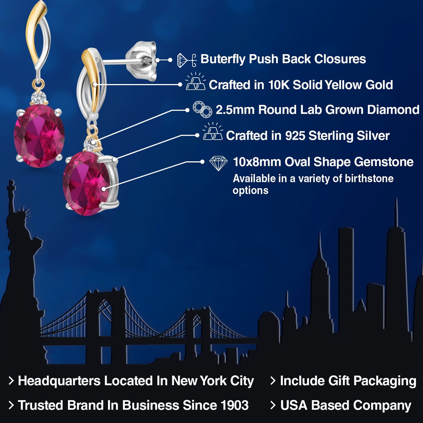 Dangle Earrings For Women In 925 Silver and 10K Yellow Gold with 10X8MM Oval Gemstone Birthstone and White Lab Grown Diamond