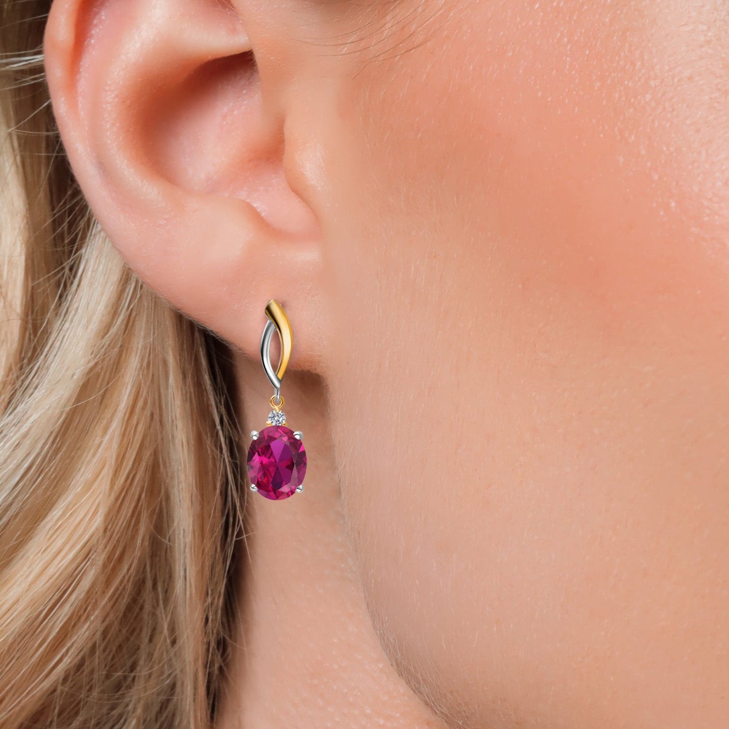 Dangle Earrings For Women In 925 Silver and 10K Yellow Gold with 10X8MM Oval Gemstone Birthstone and White Lab Grown Diamond