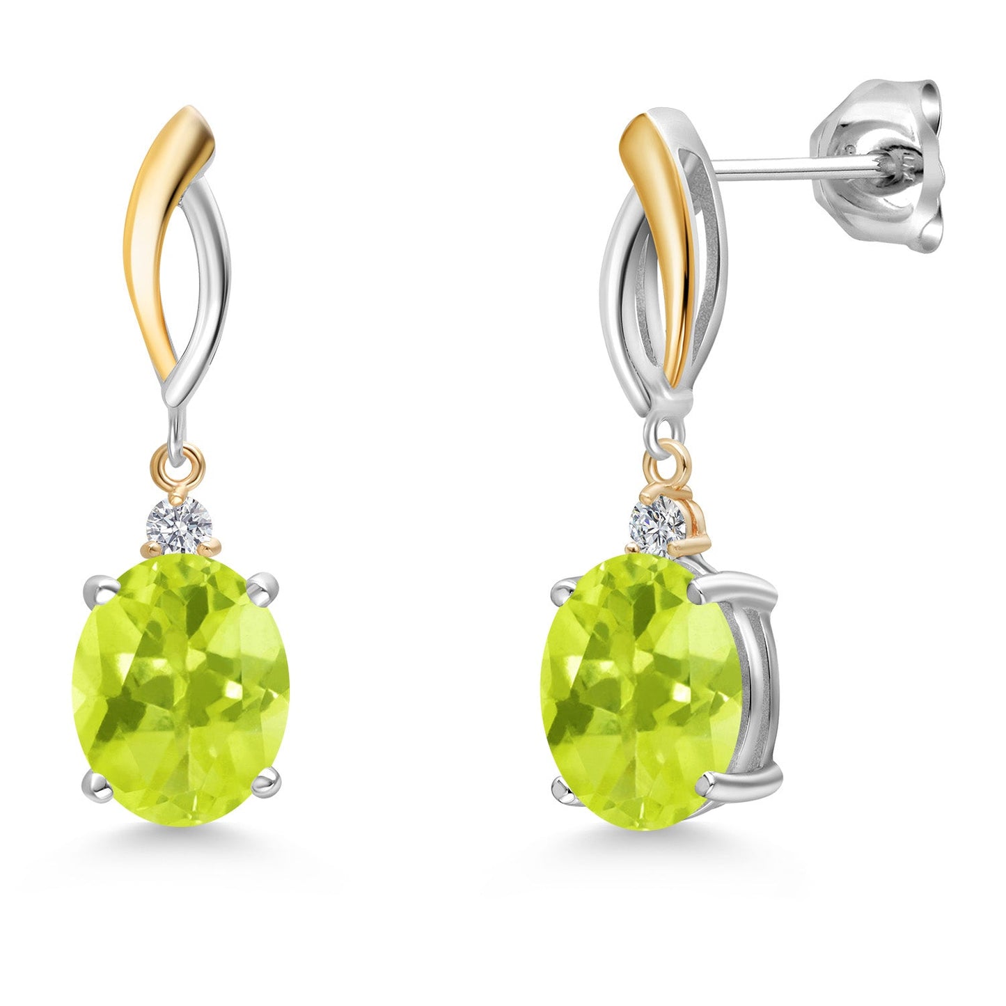 Dangle Earrings For Women In 925 Silver and 10K Yellow Gold with 10X8MM Oval Gemstone Birthstone and White Lab Grown Diamond
