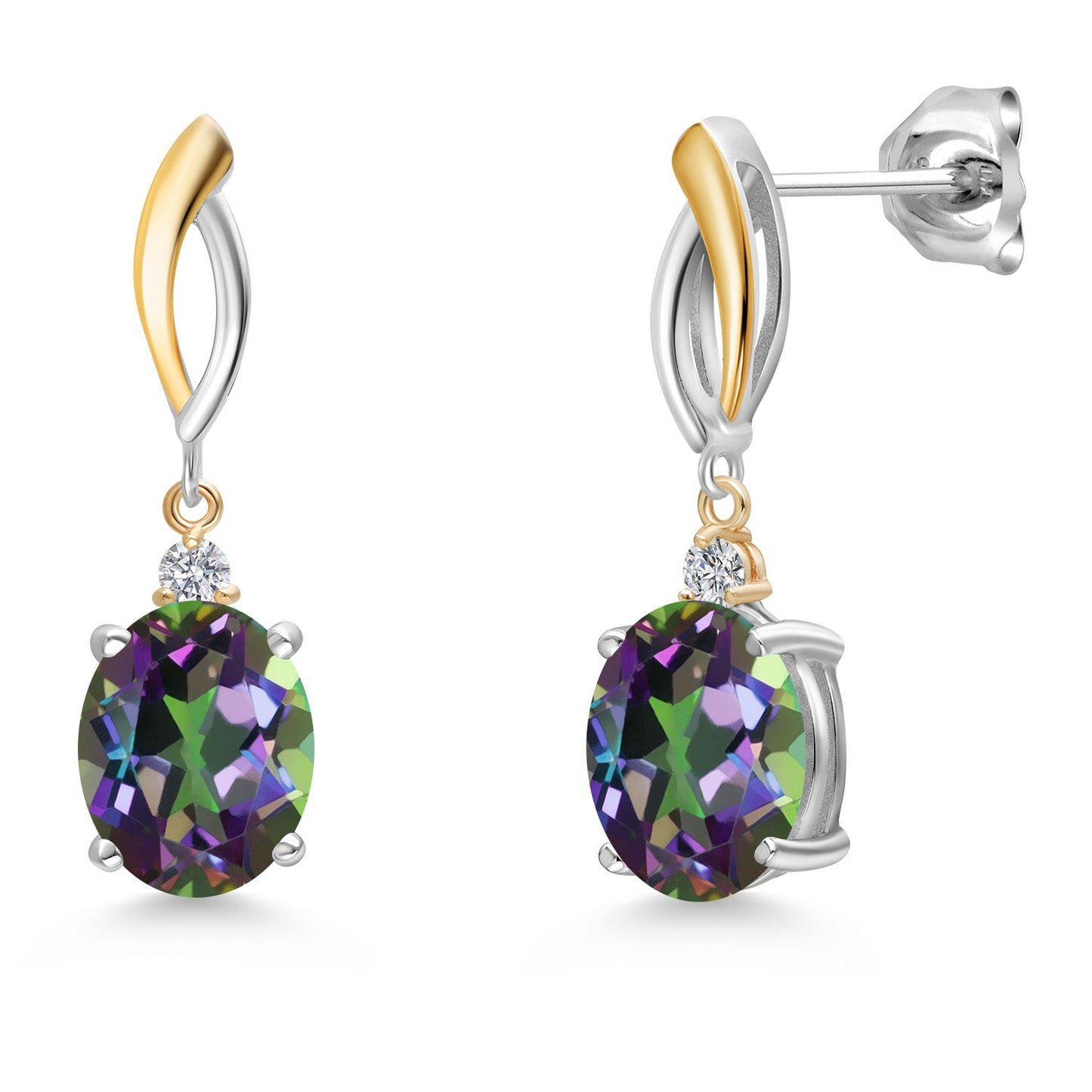 Dangle Earrings For Women In 925 Silver and 10K Yellow Gold with 10X8MM Oval Gemstone Birthstone and White Lab Grown Diamond