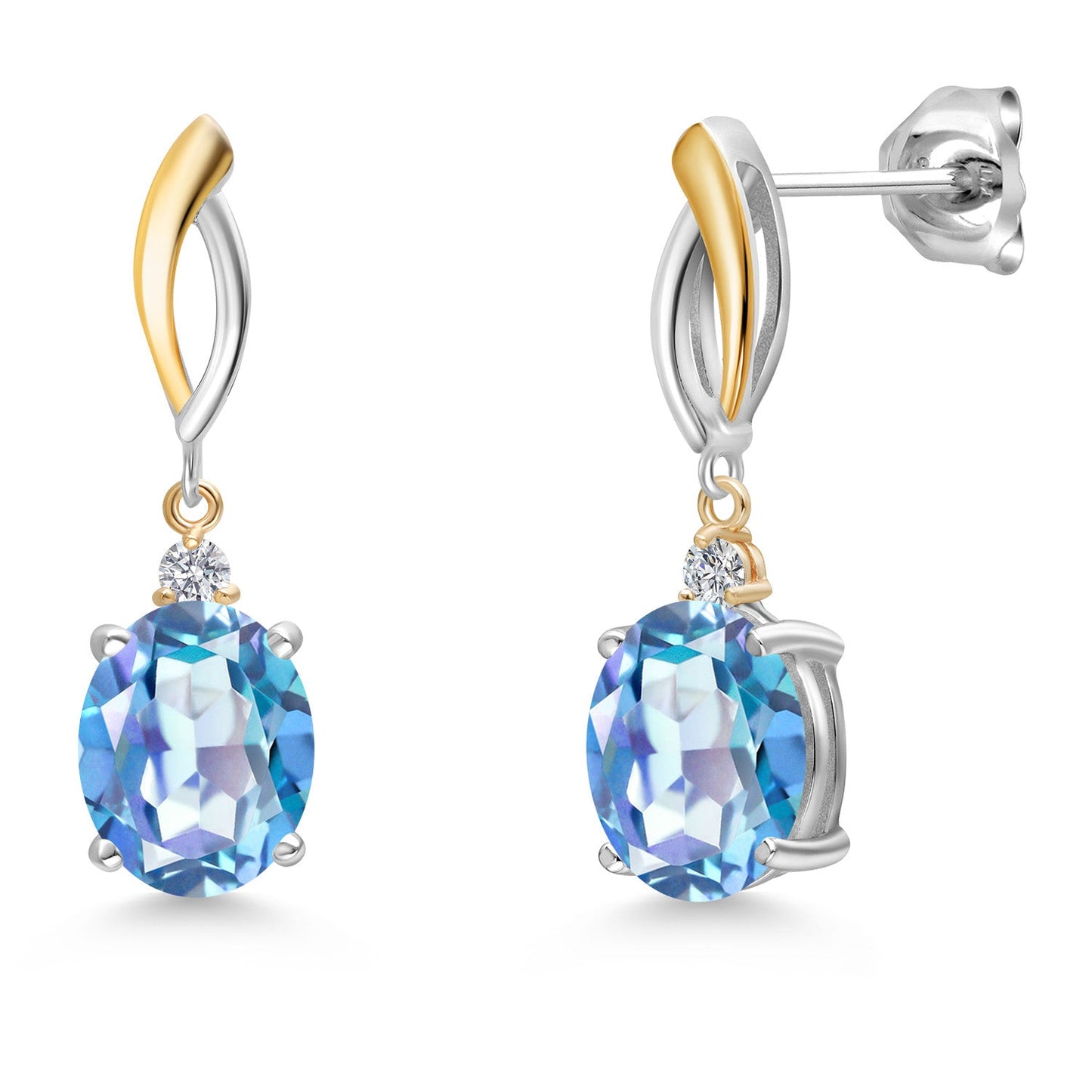 Dangle Earrings For Women In 925 Silver and 10K Yellow Gold with 10X8MM Oval Gemstone Birthstone and White Lab Grown Diamond