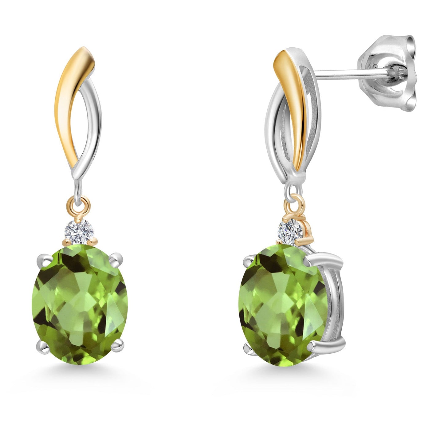 Dangle Earrings For Women In 925 Silver and 10K Yellow Gold with 10X8MM Oval Gemstone Birthstone and White Lab Grown Diamond