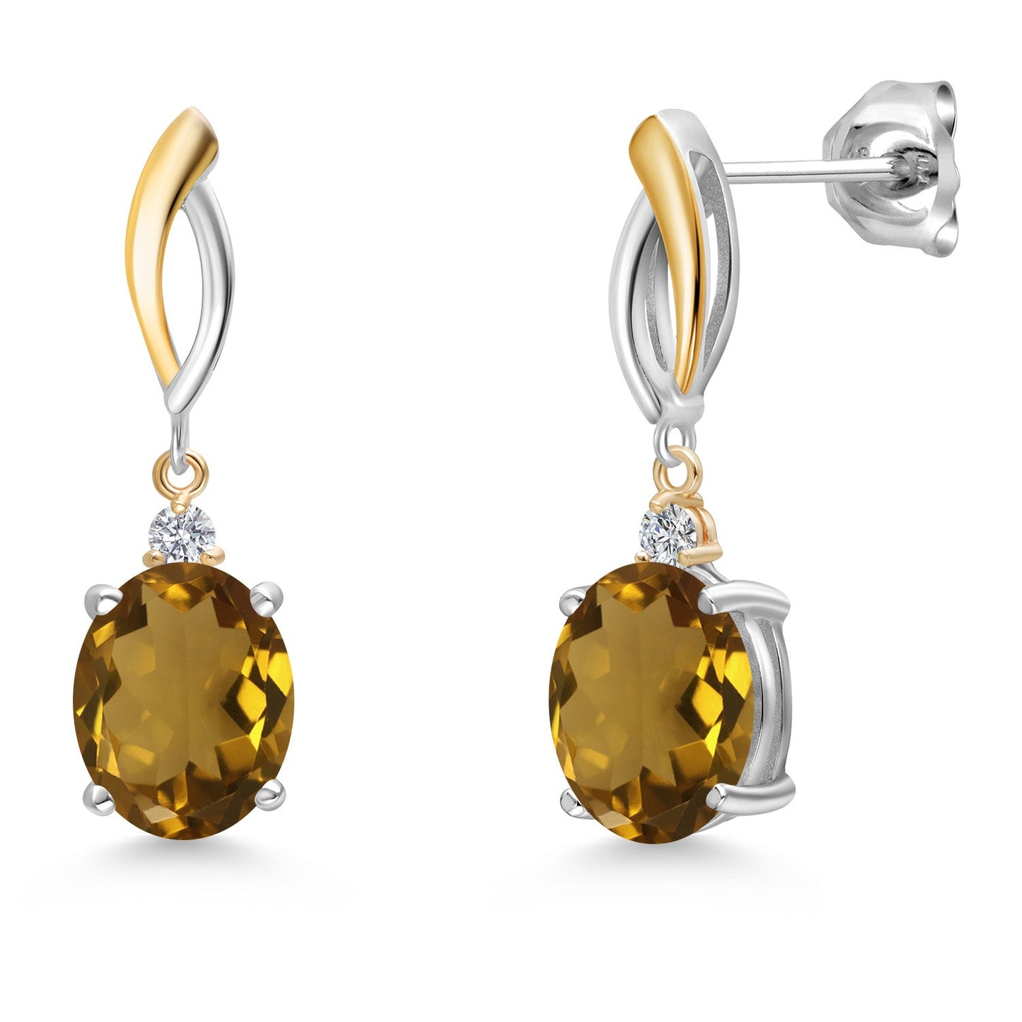 Dangle Earrings For Women In 925 Silver and 10K Yellow Gold with 10X8MM Oval Gemstone Birthstone and White Lab Grown Diamond