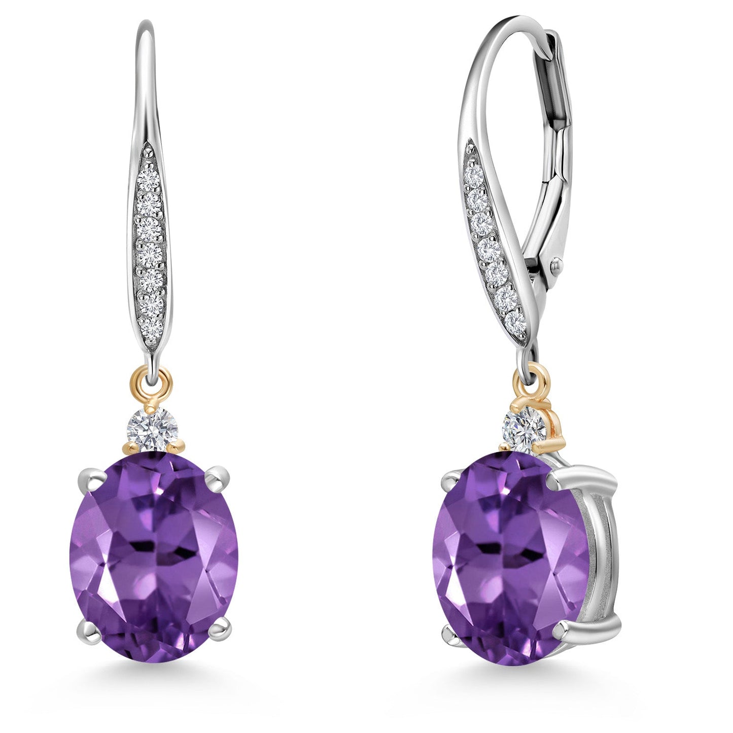 10X8MM Oval Gemstone Birthstone and Lab Grown Diamond Leverback Dangle Earrings For Women | 925 Silver and 10K Yellow Gold | Fine Jewelry Gifts for Her Mom Women Wife