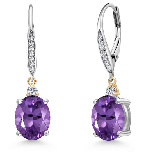 10X8MM Oval Gemstone Birthstone and Lab Grown Diamond Leverback Dangle Earrings For Women | 925 Silver and 10K Yellow Gold | Fine Jewelry Gifts for Her Mom Women Wife