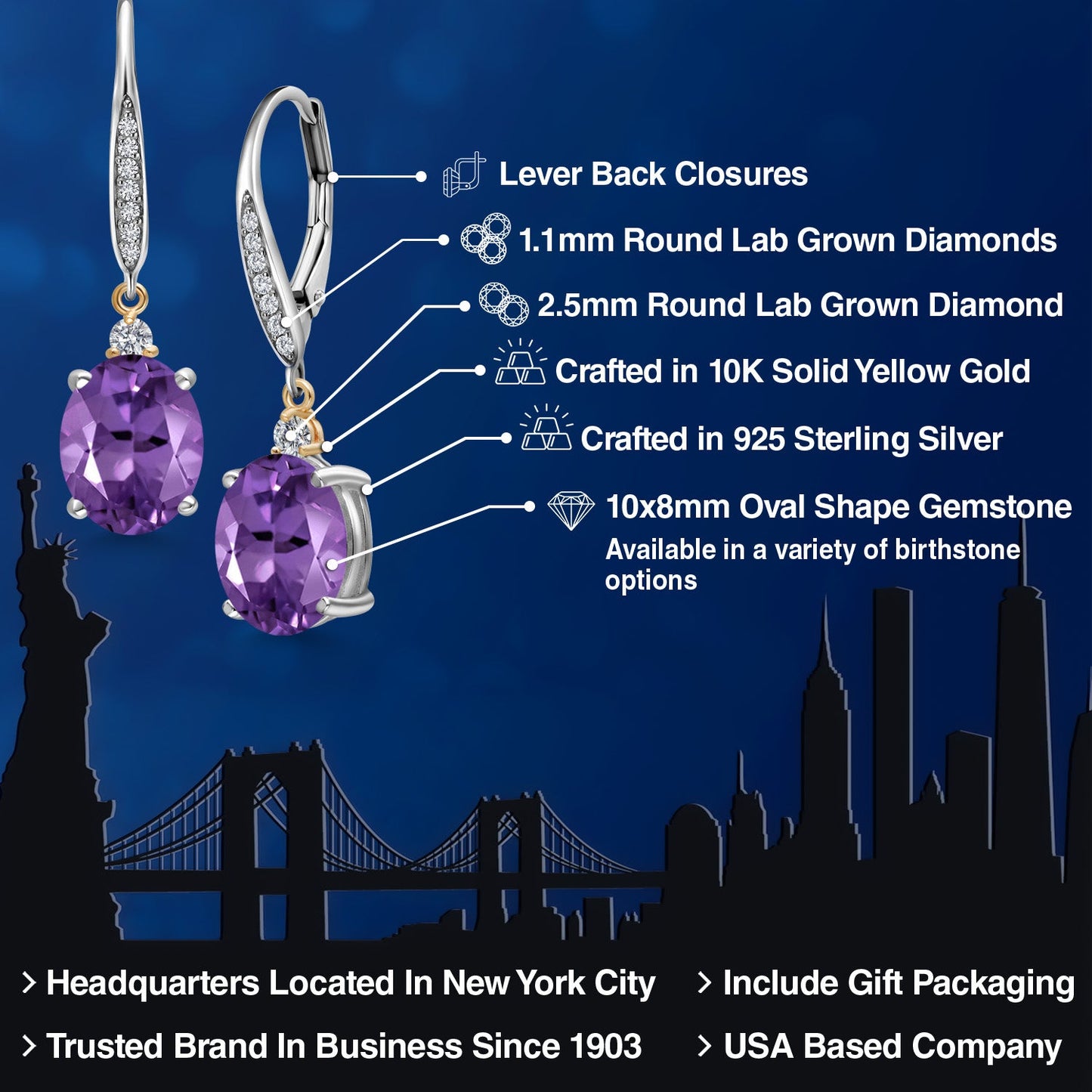 10X8MM Oval Gemstone Birthstone and Lab Grown Diamond Leverback Dangle Earrings For Women | 925 Silver and 10K Yellow Gold | Fine Jewelry Gifts for Her Mom Women Wife