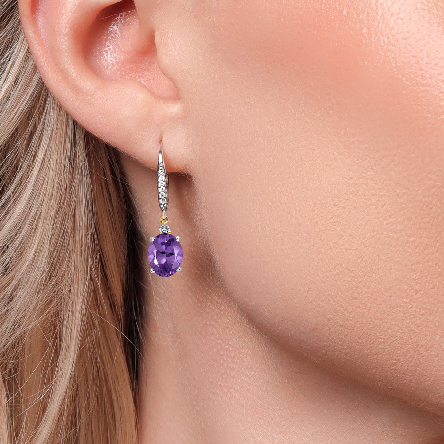 10X8MM Oval Gemstone Birthstone and Lab Grown Diamond Leverback Dangle Earrings For Women | 925 Silver and 10K Yellow Gold | Fine Jewelry Gifts for Her Mom Women Wife