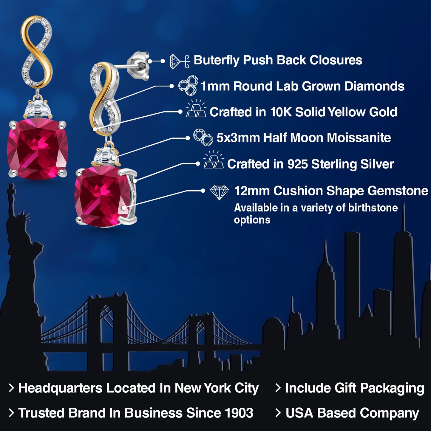 925 Silver and 10K Yellow Gold Red Created Ruby and Moissanite and White Lab Grown Diamond Dangle Earrings for Women | 16.52 Cttw | Gemstone July Birthstone | Cushion 12MM