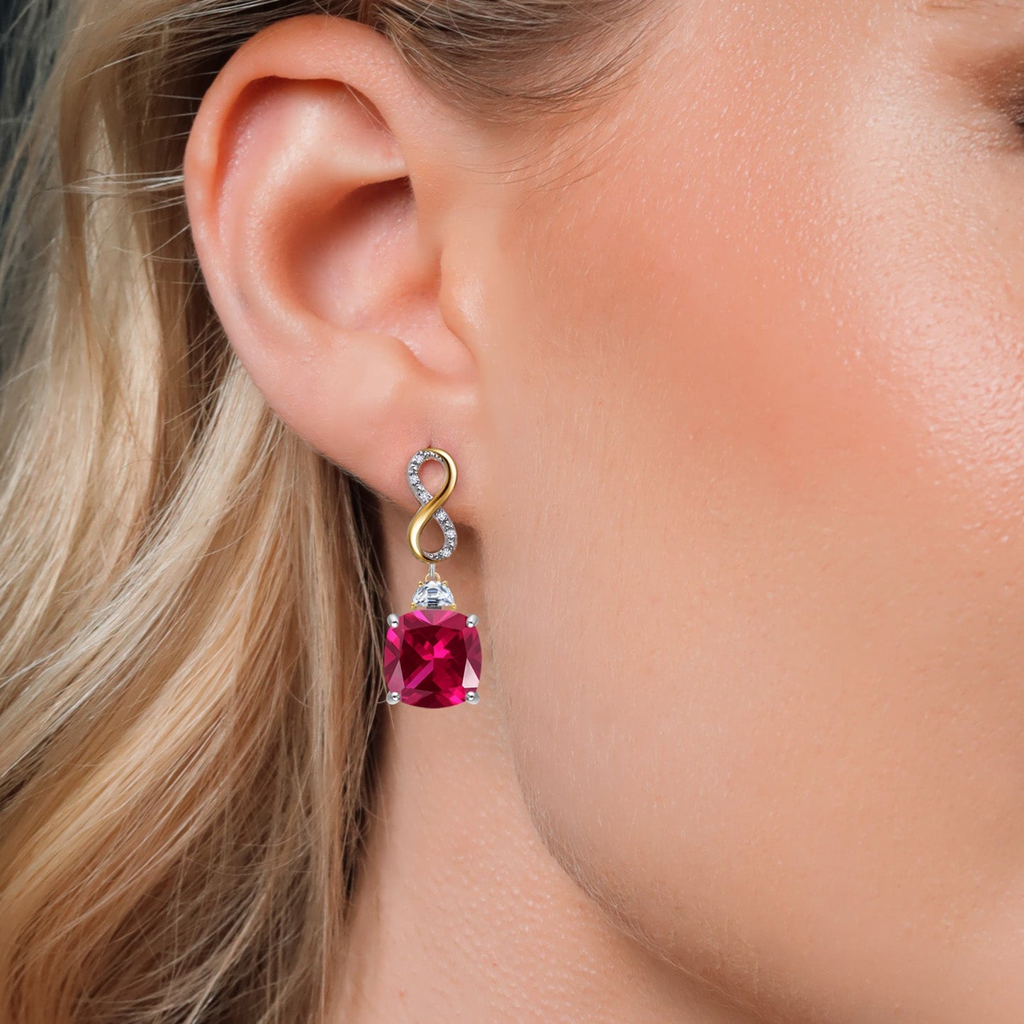 925 Silver and 10K Yellow Gold Red Created Ruby and Moissanite and White Lab Grown Diamond Dangle Earrings for Women | 16.52 Cttw | Gemstone July Birthstone | Cushion 12MM