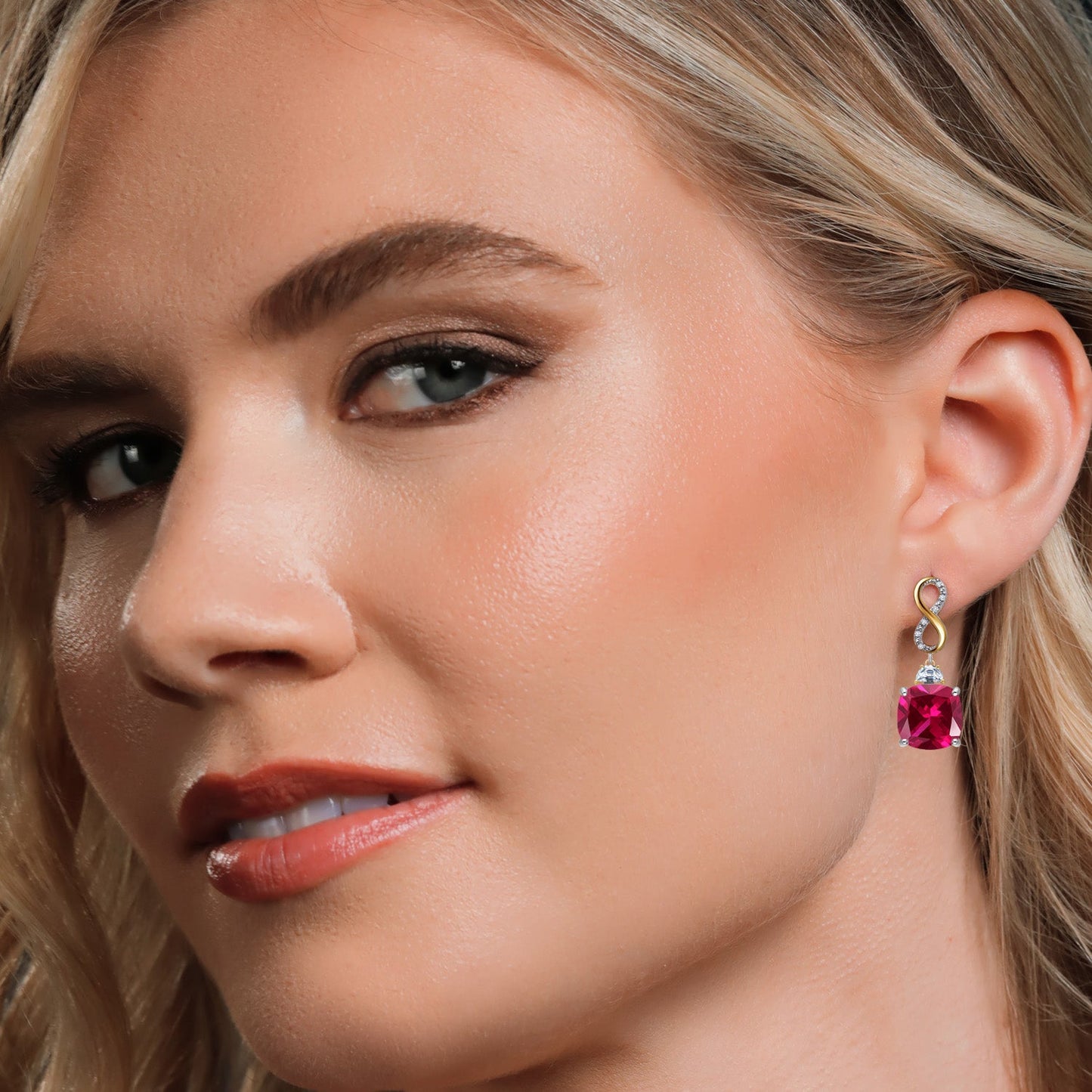 925 Silver and 10K Yellow Gold Red Created Ruby and Moissanite and White Lab Grown Diamond Dangle Earrings for Women | 16.52 Cttw | Gemstone July Birthstone | Cushion 12MM