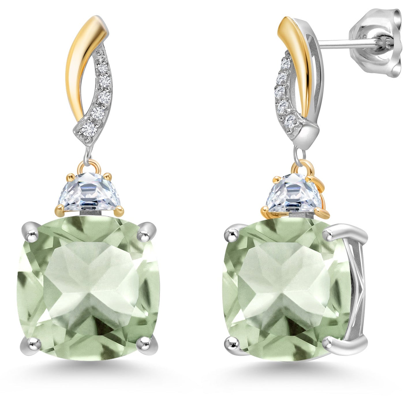 925 Silver and 10K Yellow Gold Cushion 12MM Gemstone Birthstone 5X3MM Half Moon Moissanite and White Lab Grown Diamond Dangle Earrings for Women