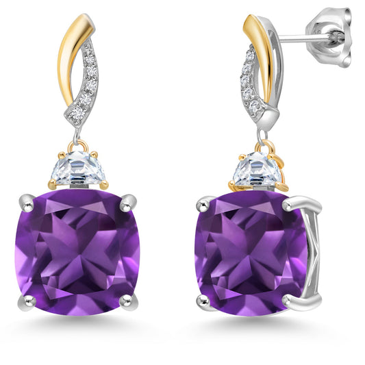 925 Silver and 10K Yellow Gold Cushion 12MM Gemstone Birthstone 5X3MM Half Moon Moissanite and White Lab Grown Diamond Dangle Earrings for Women