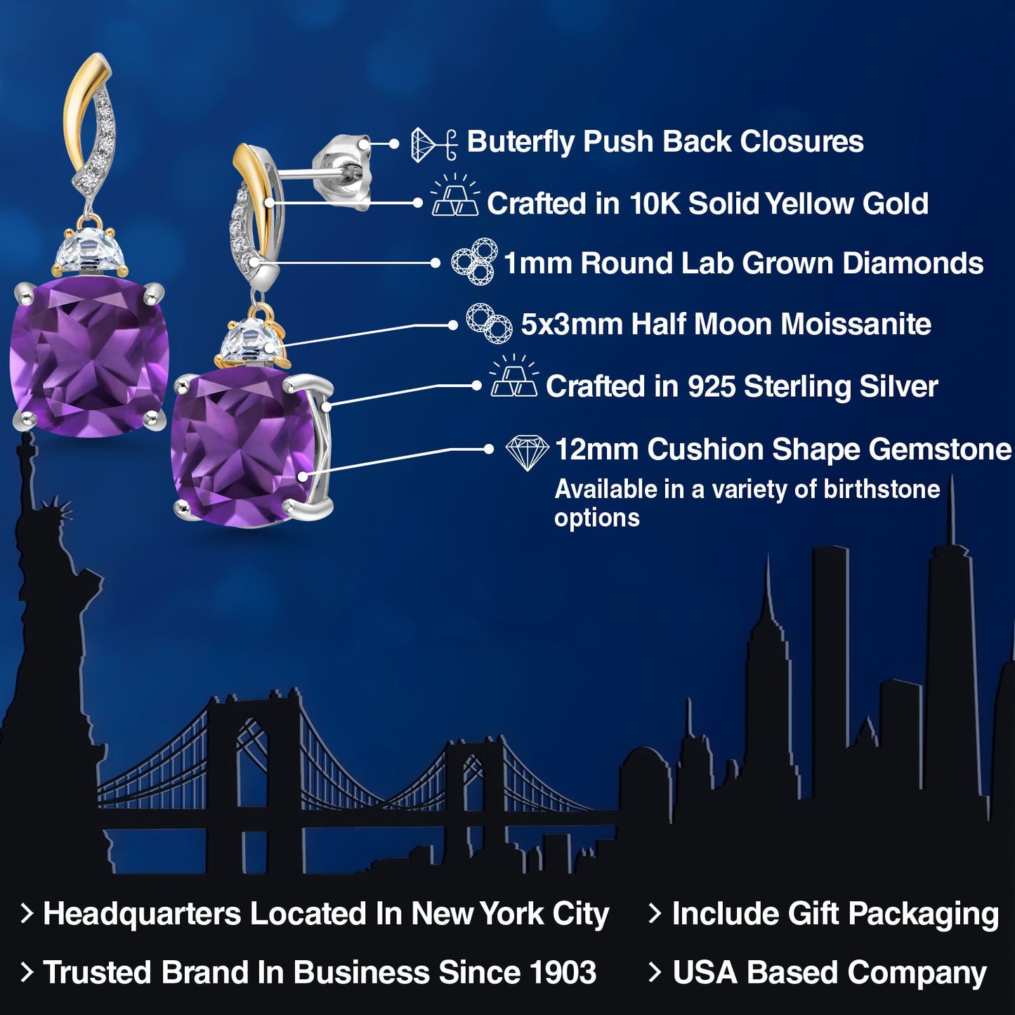 925 Silver and 10K Yellow Gold Cushion 12MM Gemstone Birthstone 5X3MM Half Moon Moissanite and White Lab Grown Diamond Dangle Earrings for Women