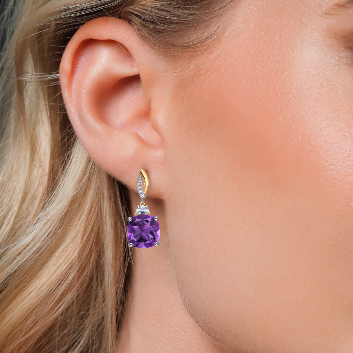 925 Silver and 10K Yellow Gold Cushion 12MM Gemstone Birthstone 5X3MM Half Moon Moissanite and White Lab Grown Diamond Dangle Earrings for Women