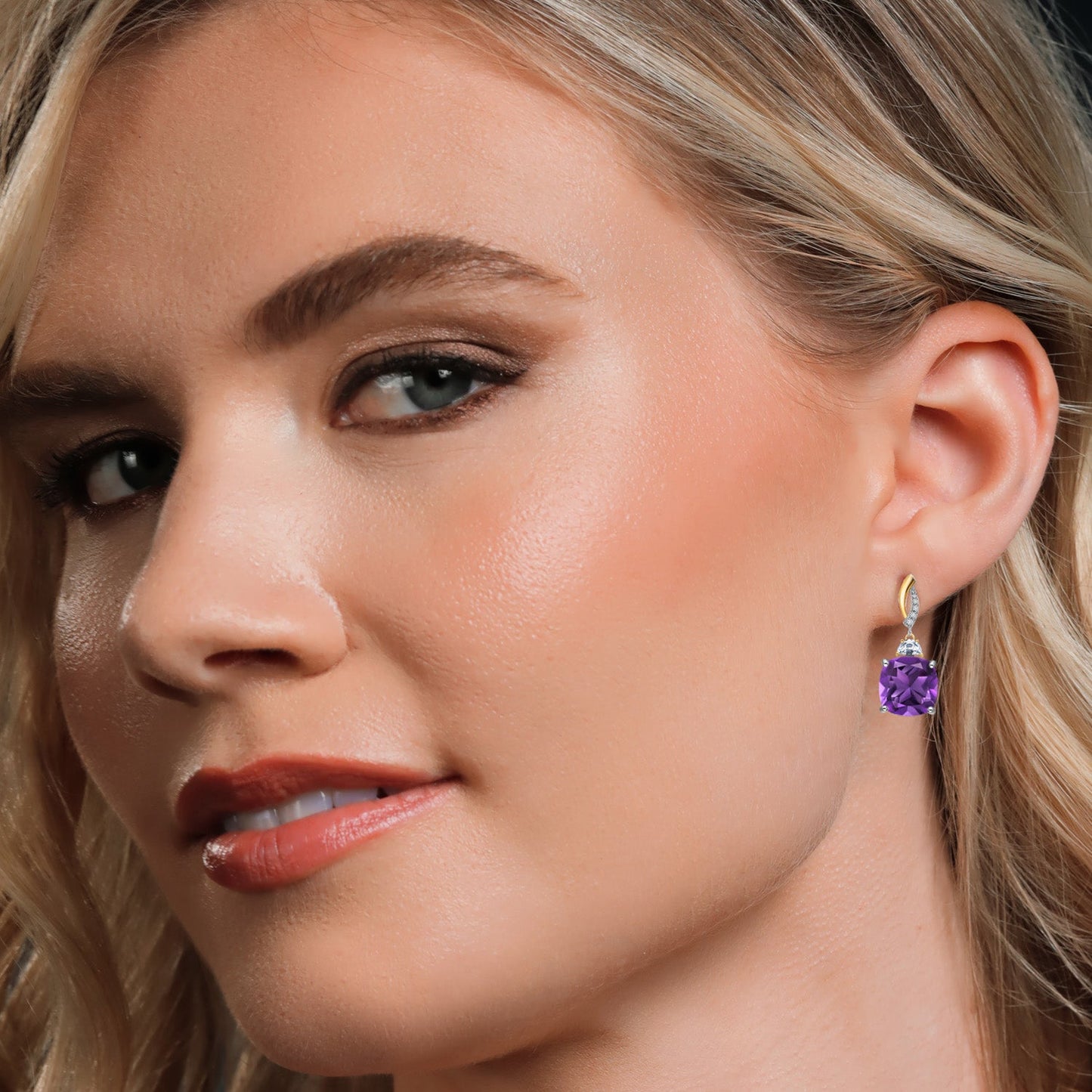 925 Silver and 10K Yellow Gold Cushion 12MM Gemstone Birthstone 5X3MM Half Moon Moissanite and White Lab Grown Diamond Dangle Earrings for Women