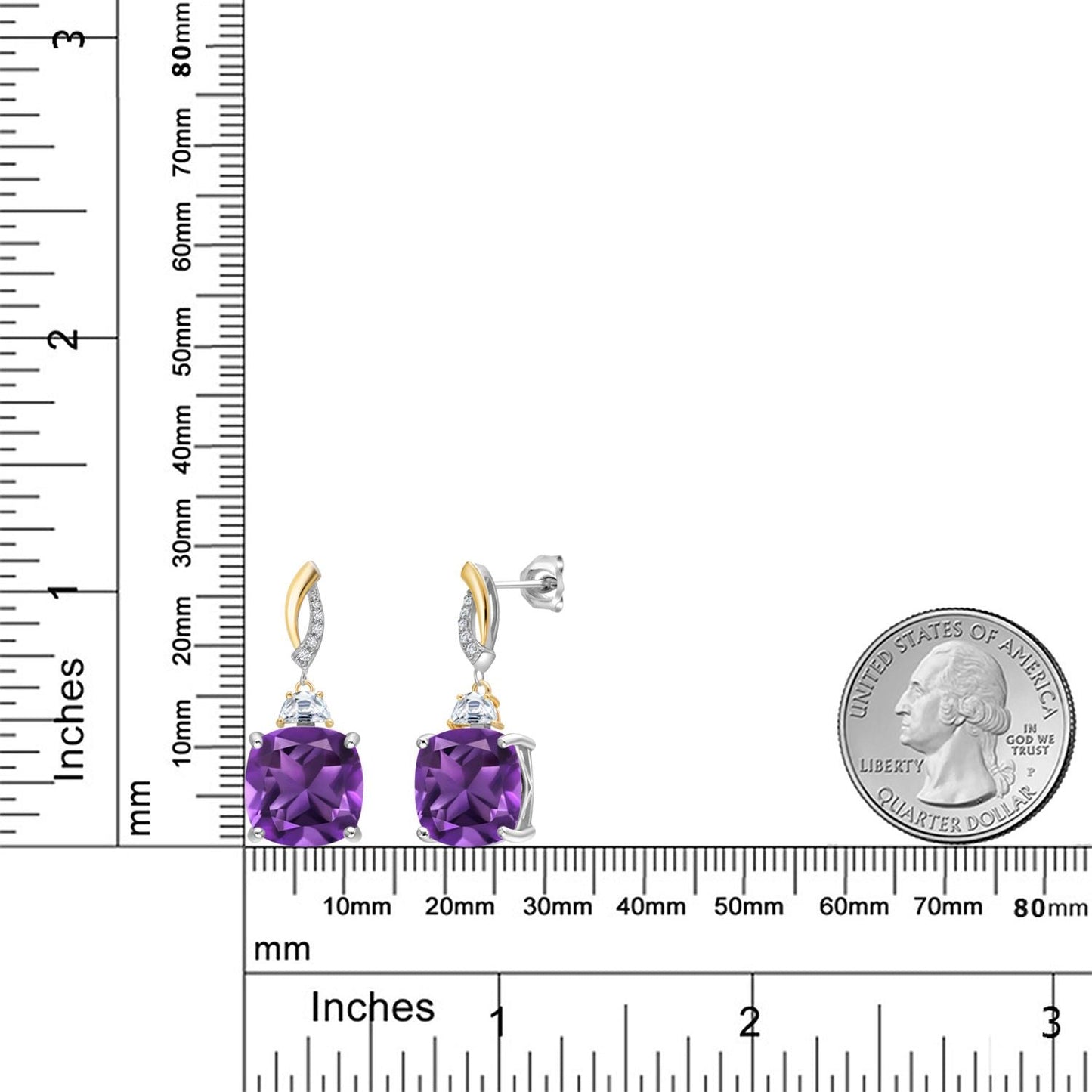 925 Silver and 10K Yellow Gold Cushion 12MM Gemstone Birthstone 5X3MM Half Moon Moissanite and White Lab Grown Diamond Dangle Earrings for Women