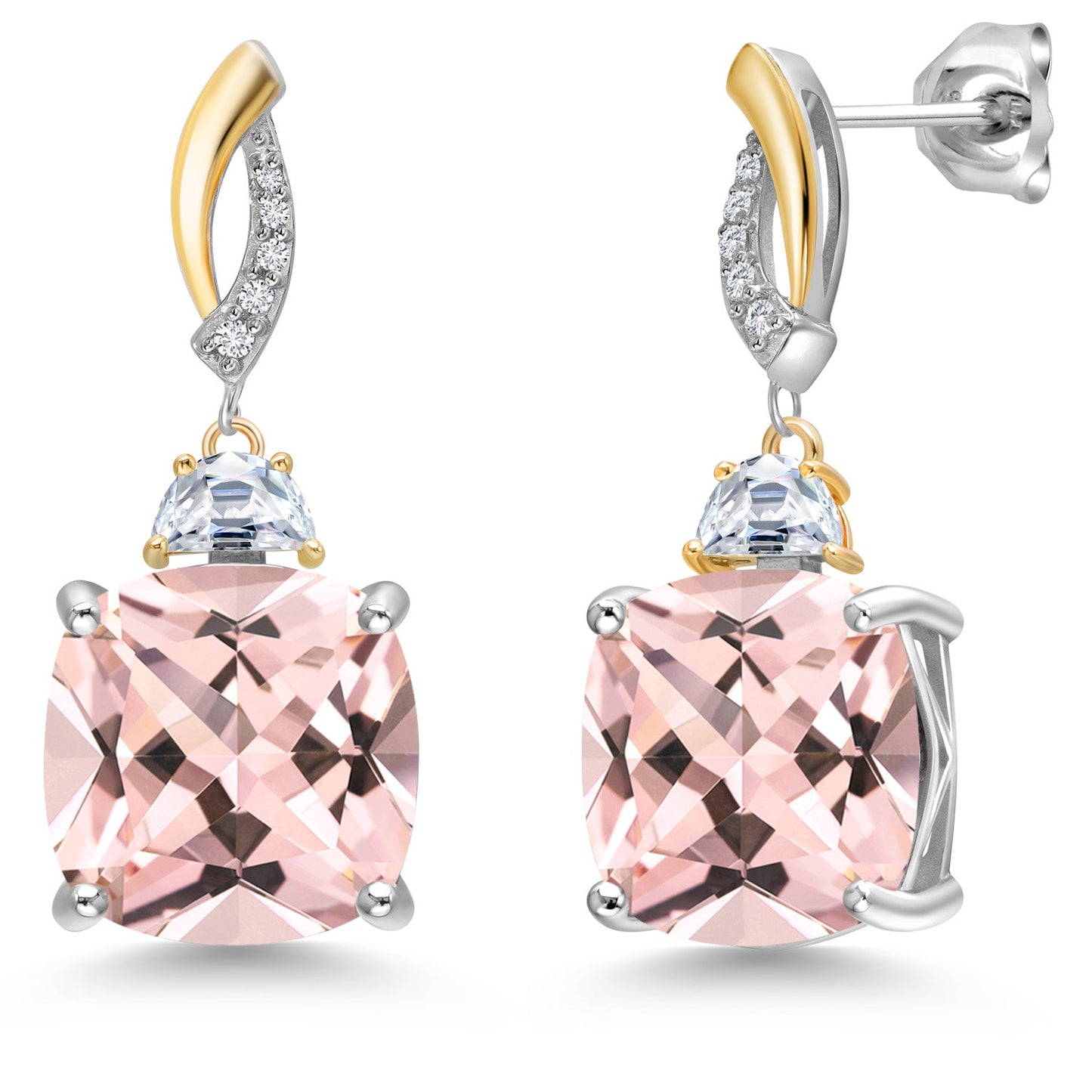 925 Silver and 10K Yellow Gold Cushion 12MM Gemstone Birthstone 5X3MM Half Moon Moissanite and White Lab Grown Diamond Dangle Earrings for Women