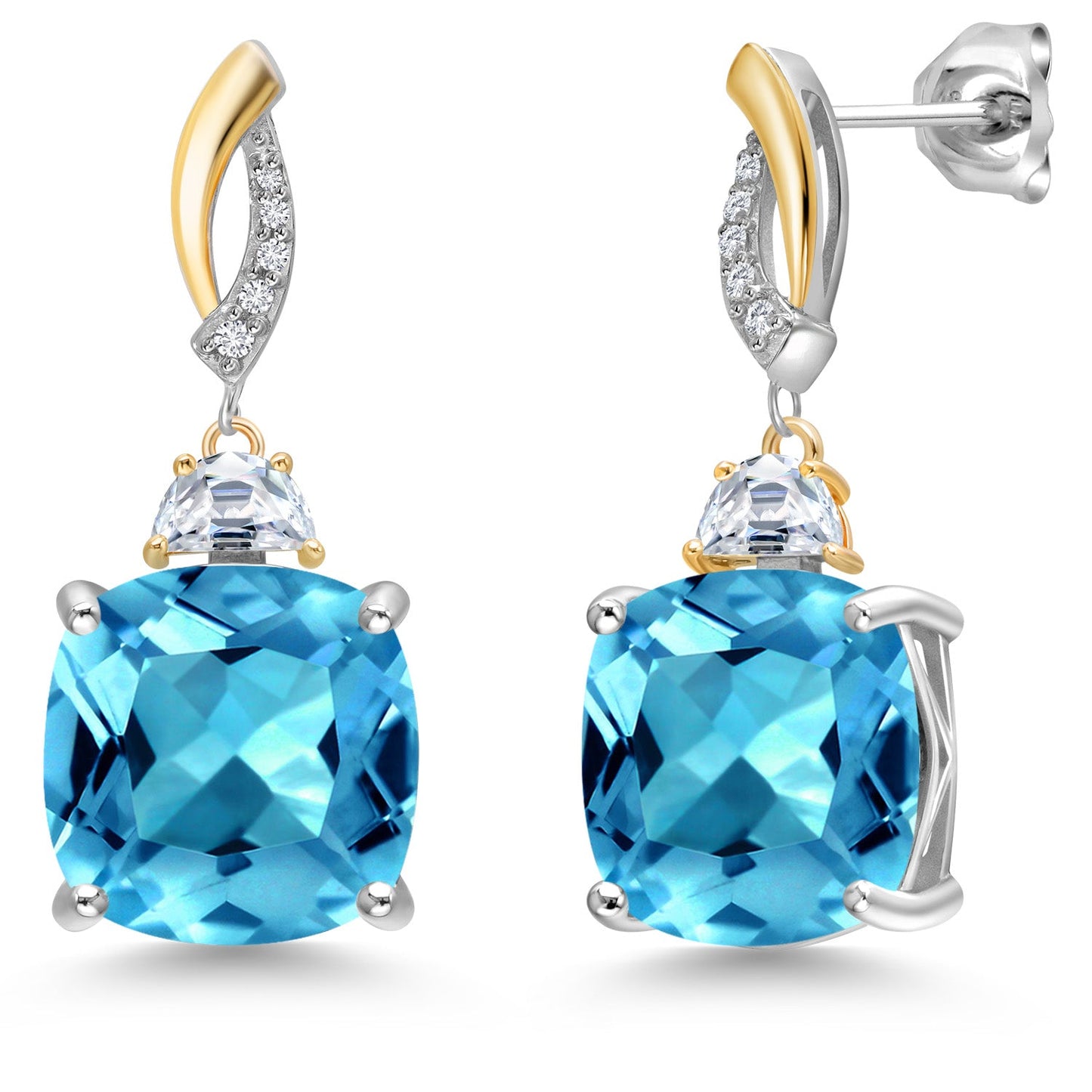 925 Silver and 10K Yellow Gold Cushion 12MM Gemstone Birthstone 5X3MM Half Moon Moissanite and White Lab Grown Diamond Dangle Earrings for Women