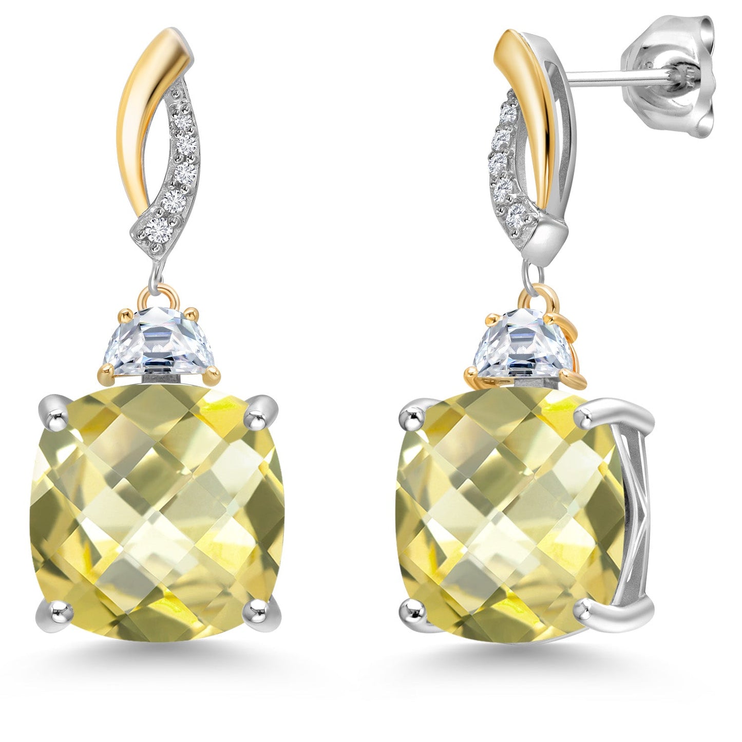 925 Silver and 10K Yellow Gold Cushion 12MM Gemstone Birthstone 5X3MM Half Moon Moissanite and White Lab Grown Diamond Dangle Earrings for Women