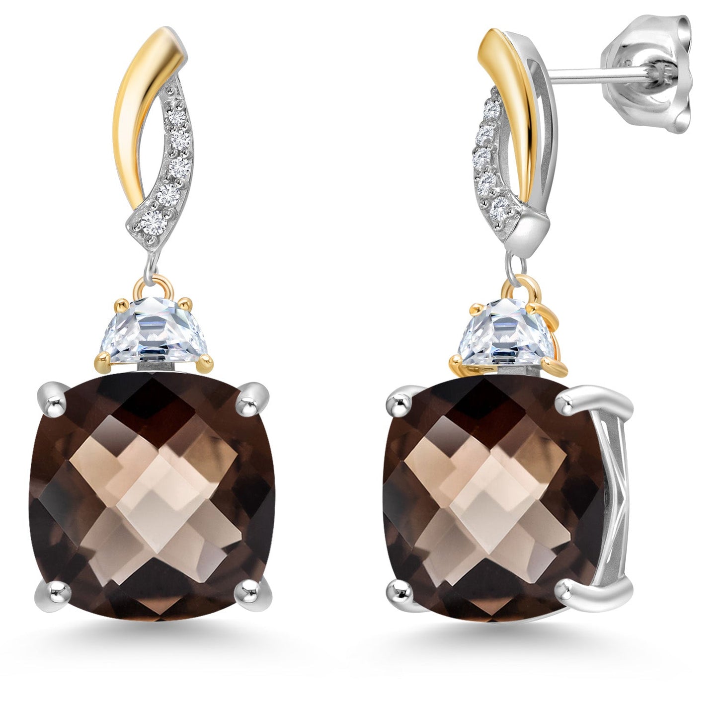 925 Silver and 10K Yellow Gold Cushion 12MM Gemstone Birthstone 5X3MM Half Moon Moissanite and White Lab Grown Diamond Dangle Earrings for Women