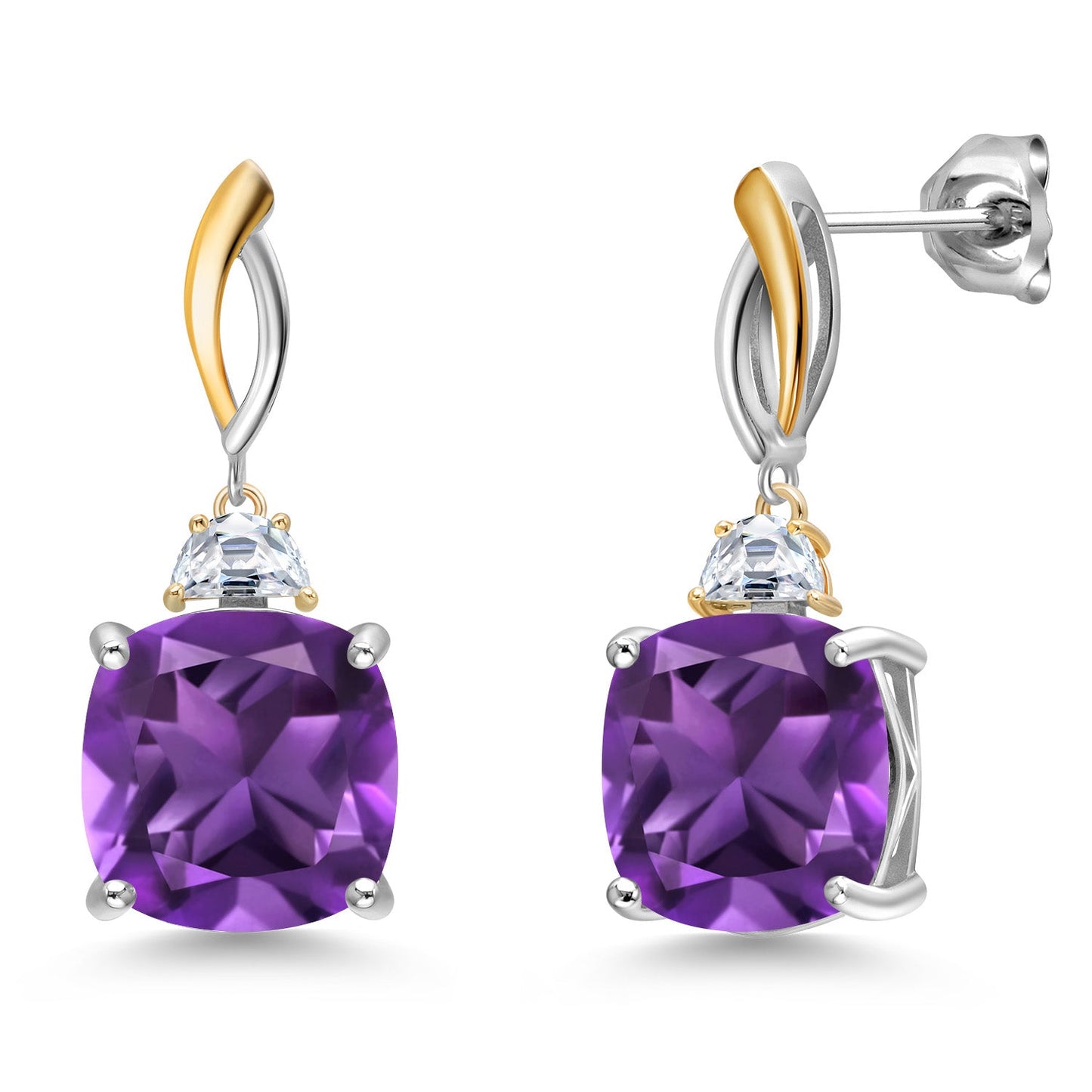 925 Silver and 10K Yellow Gold 12MM Cushion Gemstone Birthstone and Half Moon White Moissanite Drop Dangle Earrings For Women