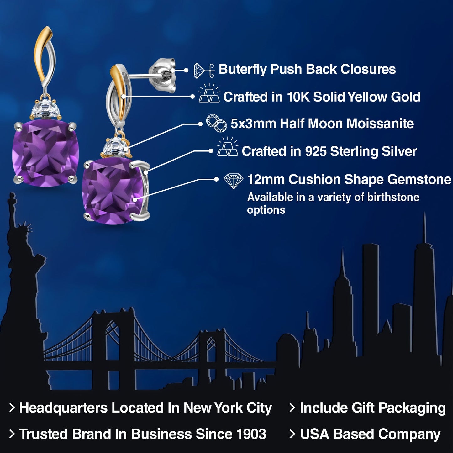 925 Silver and 10K Yellow Gold 12MM Cushion Gemstone Birthstone and Half Moon White Moissanite Drop Dangle Earrings For Women