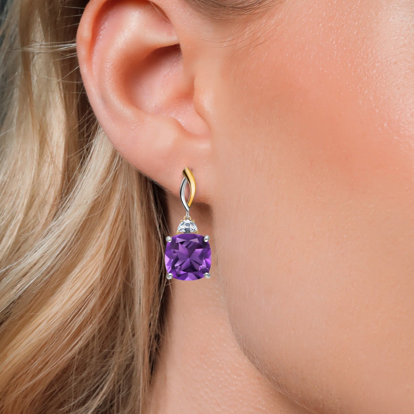 925 Silver and 10K Yellow Gold 12MM Cushion Gemstone Birthstone and Half Moon White Moissanite Drop Dangle Earrings For Women