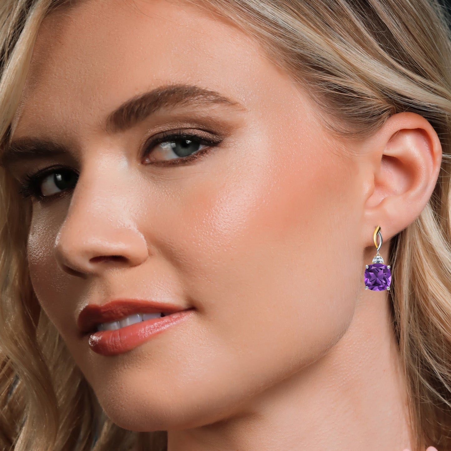 925 Silver and 10K Yellow Gold 12MM Cushion Gemstone Birthstone and Half Moon White Moissanite Drop Dangle Earrings For Women