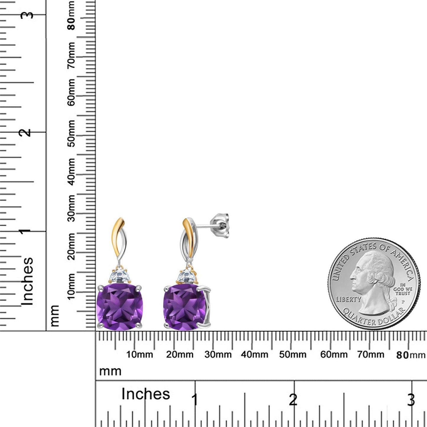 925 Silver and 10K Yellow Gold 12MM Cushion Gemstone Birthstone and Half Moon White Moissanite Drop Dangle Earrings For Women