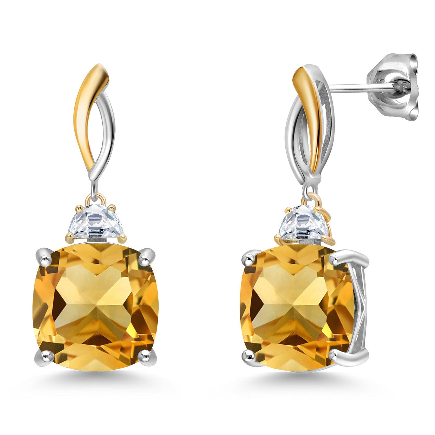 925 Silver and 10K Yellow Gold 12MM Cushion Gemstone Birthstone and Half Moon White Moissanite Drop Dangle Earrings For Women