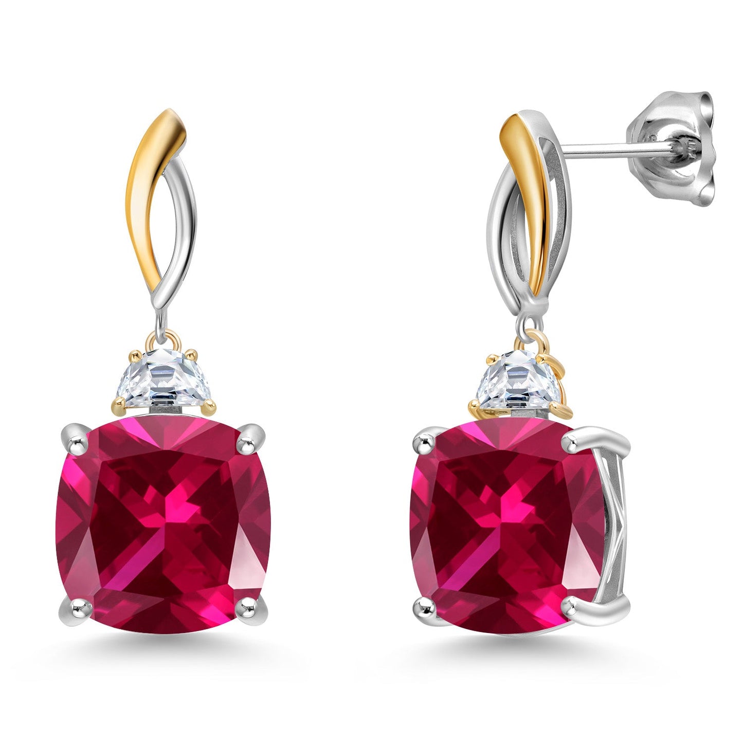 925 Silver and 10K Yellow Gold 12MM Cushion Gemstone Birthstone and Half Moon White Moissanite Drop Dangle Earrings For Women