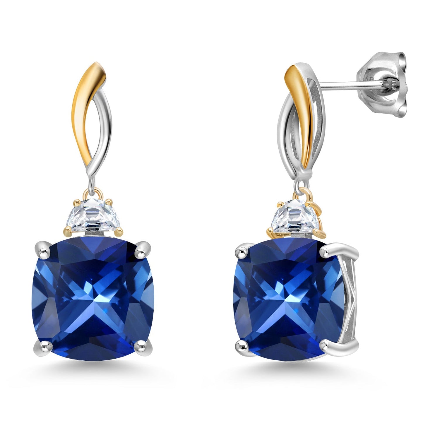 925 Silver and 10K Yellow Gold 12MM Cushion Gemstone Birthstone and Half Moon White Moissanite Drop Dangle Earrings For Women