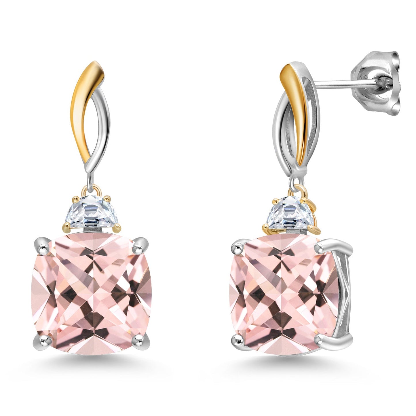 925 Silver and 10K Yellow Gold 12MM Cushion Gemstone Birthstone and Half Moon White Moissanite Drop Dangle Earrings For Women