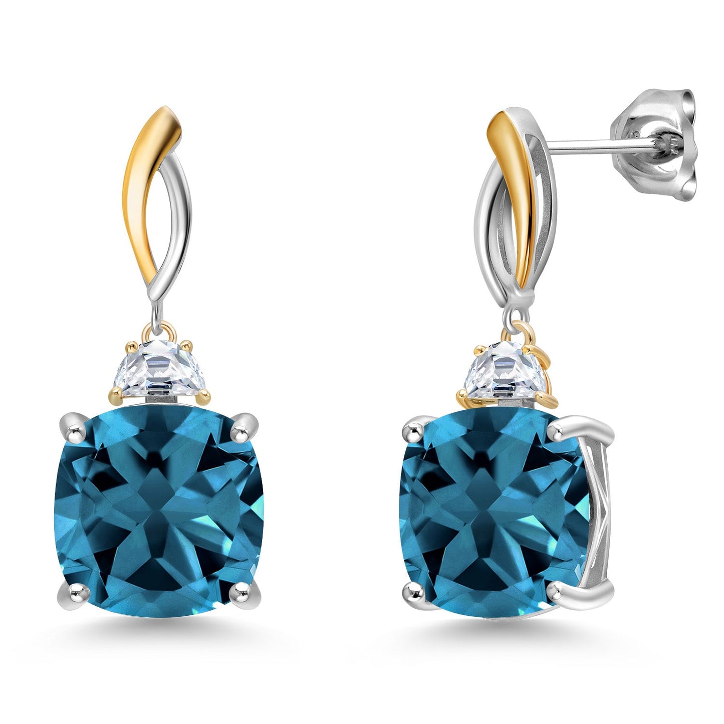 925 Silver and 10K Yellow Gold 12MM Cushion Gemstone Birthstone and Half Moon White Moissanite Drop Dangle Earrings For Women