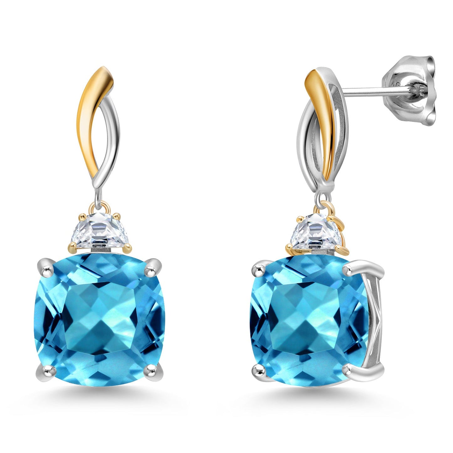 925 Silver and 10K Yellow Gold 12MM Cushion Gemstone Birthstone and Half Moon White Moissanite Drop Dangle Earrings For Women