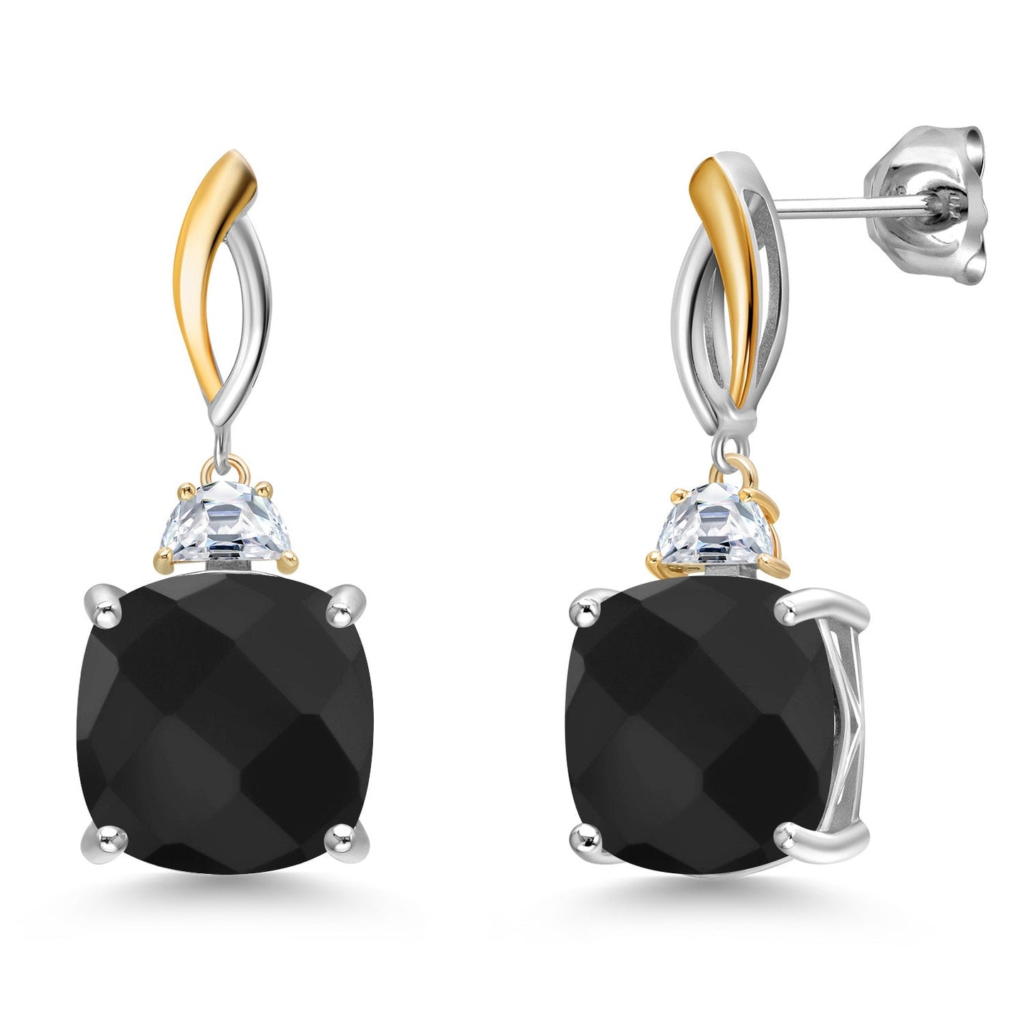 925 Silver and 10K Yellow Gold 12MM Cushion Gemstone Birthstone and Half Moon White Moissanite Drop Dangle Earrings For Women