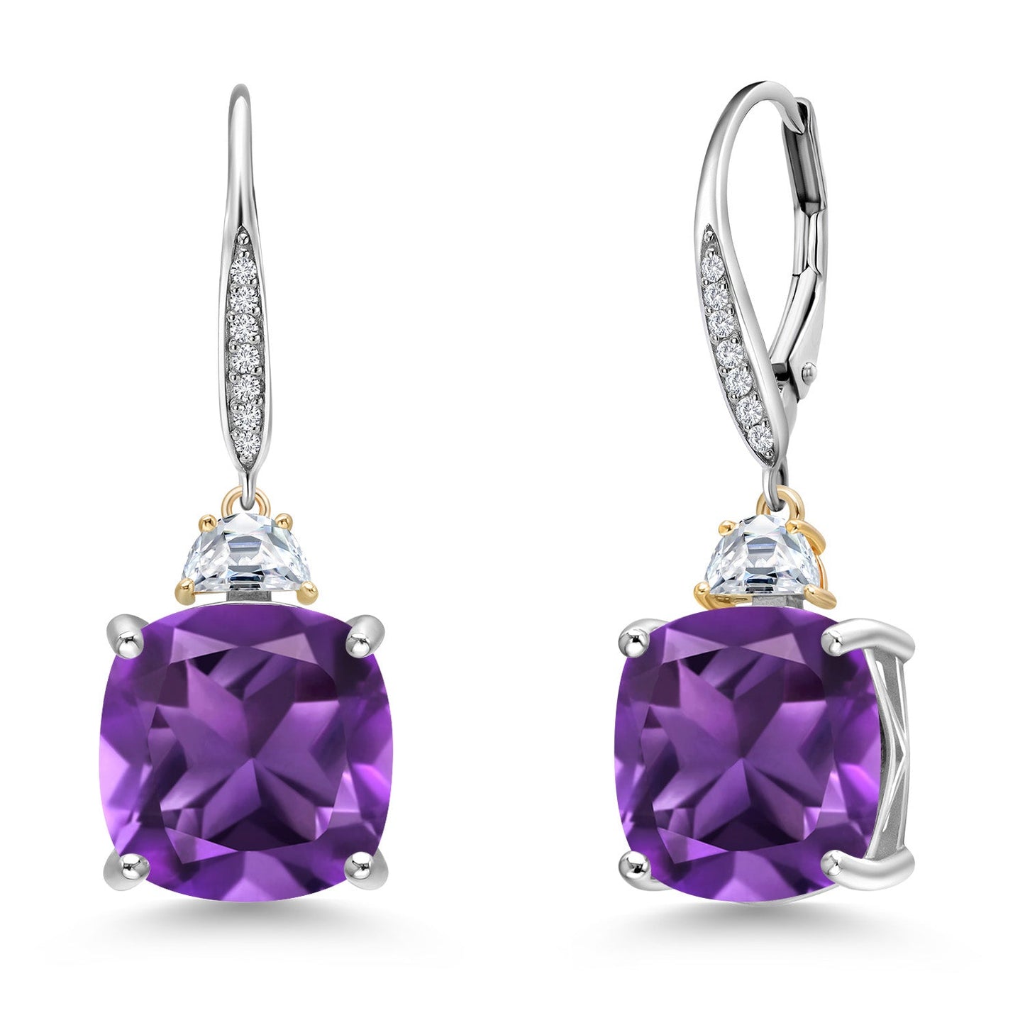 Drop Dangle Earrings For Women with 12MM Cushion Gemstone Birthstone 5X3MM Half Moon White Moissanite and White Lab Grown Diamond In 925 Silver and 10K Yellow Gold