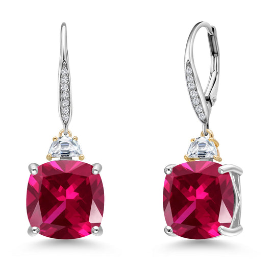 Drop Dangle Earrings For Women with 12MM Cushion Gemstone Birthstone 5X3MM Half Moon White Moissanite and White Lab Grown Diamond In 925 Silver and 10K Yellow Gold