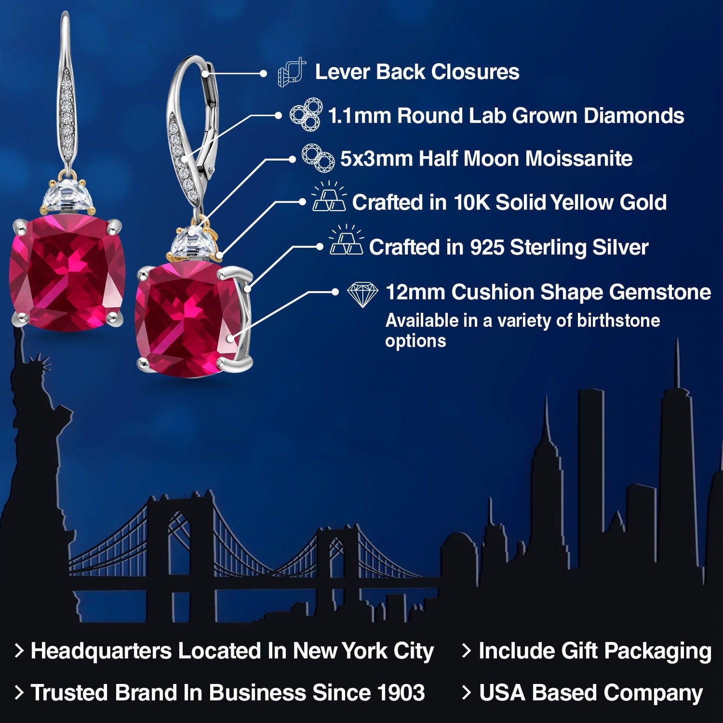 Drop Dangle Earrings For Women with 12MM Cushion Gemstone Birthstone 5X3MM Half Moon White Moissanite and White Lab Grown Diamond In 925 Silver and 10K Yellow Gold