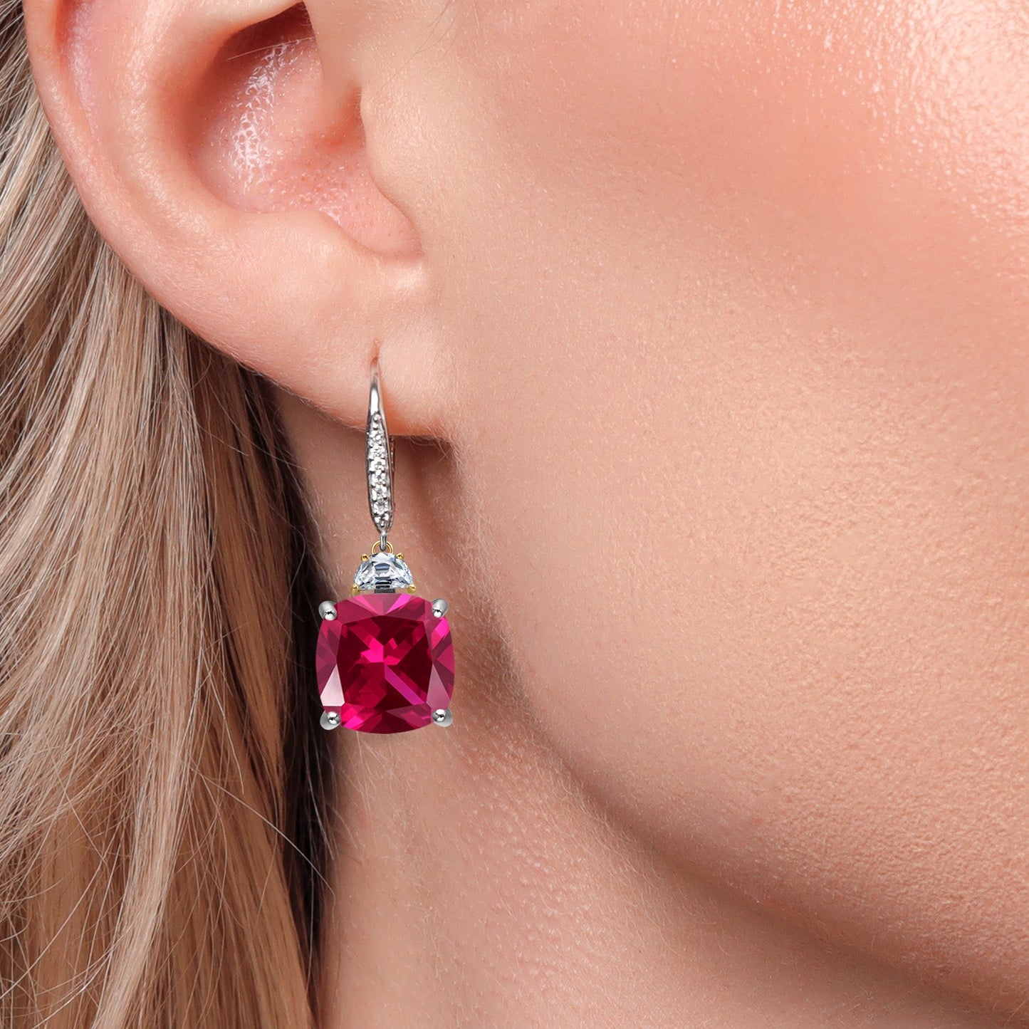 Drop Dangle Earrings For Women with 12MM Cushion Gemstone Birthstone 5X3MM Half Moon White Moissanite and White Lab Grown Diamond In 925 Silver and 10K Yellow Gold