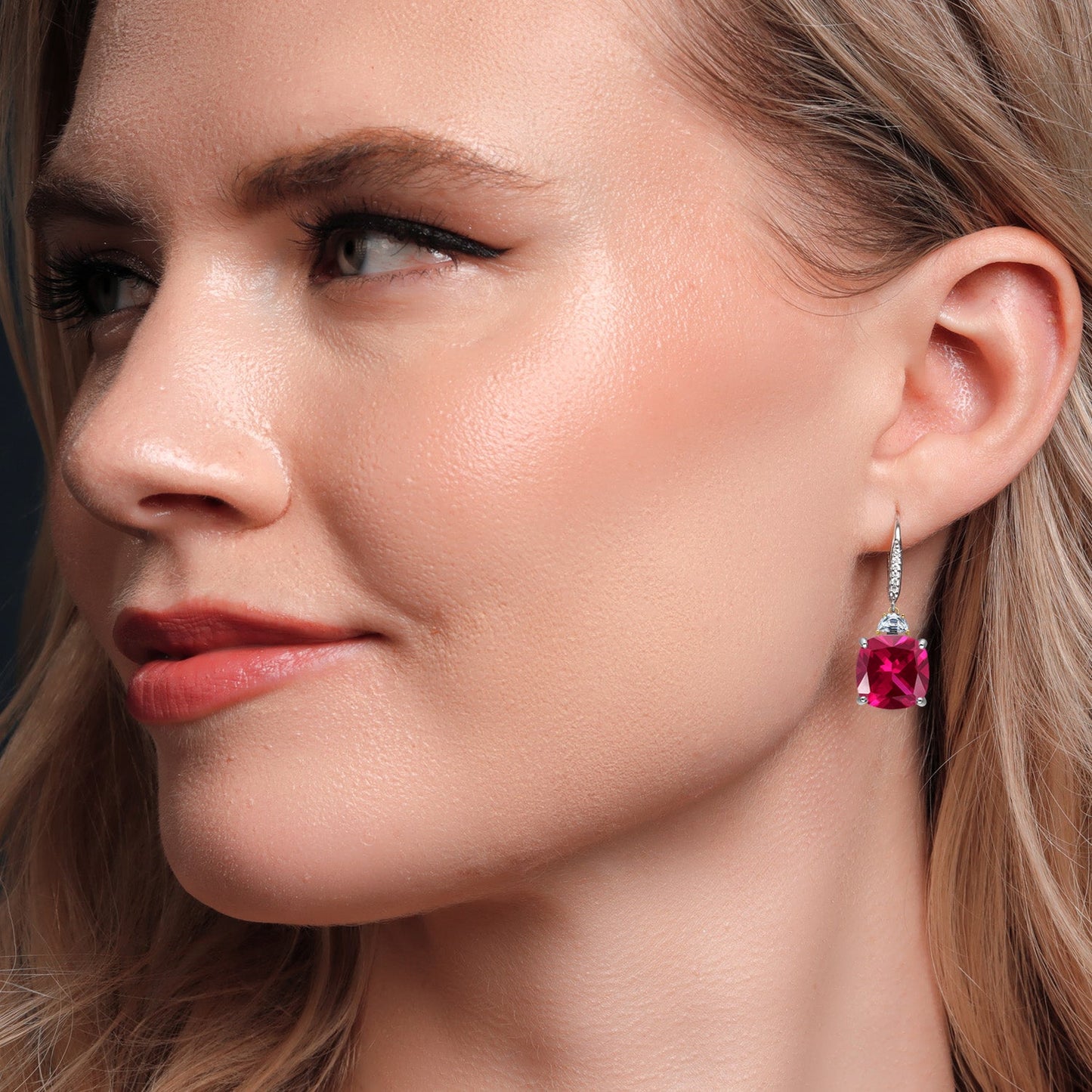 Drop Dangle Earrings For Women with 12MM Cushion Gemstone Birthstone 5X3MM Half Moon White Moissanite and White Lab Grown Diamond In 925 Silver and 10K Yellow Gold