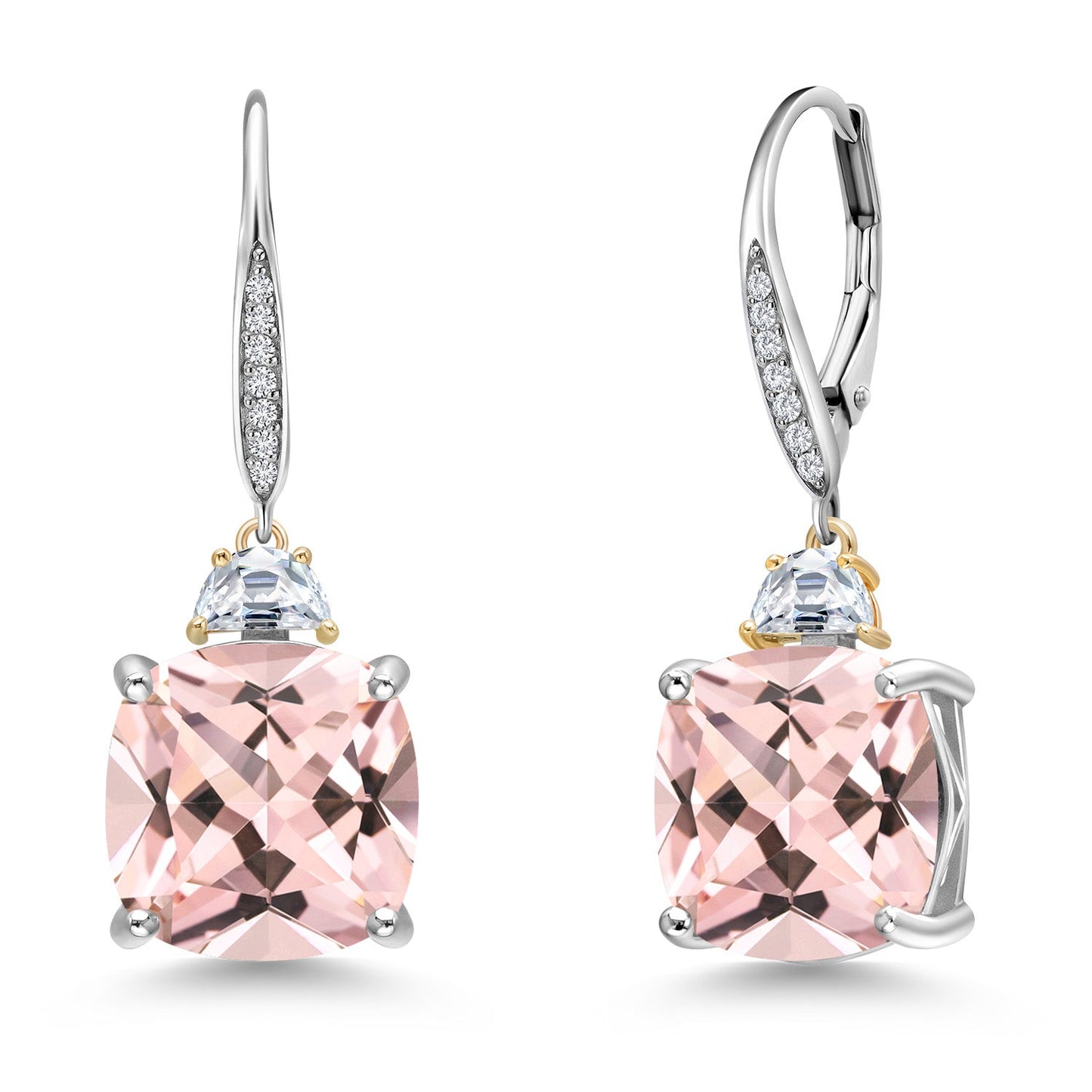 Drop Dangle Earrings For Women with 12MM Cushion Gemstone Birthstone 5X3MM Half Moon White Moissanite and White Lab Grown Diamond In 925 Silver and 10K Yellow Gold