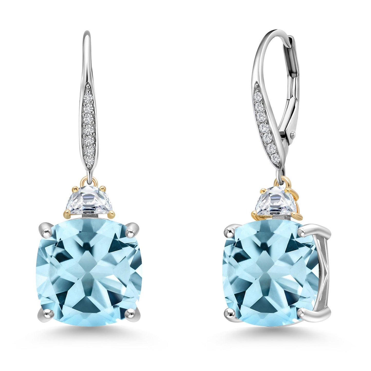 Drop Dangle Earrings For Women with 12MM Cushion Gemstone Birthstone 5X3MM Half Moon White Moissanite and White Lab Grown Diamond In 925 Silver and 10K Yellow Gold