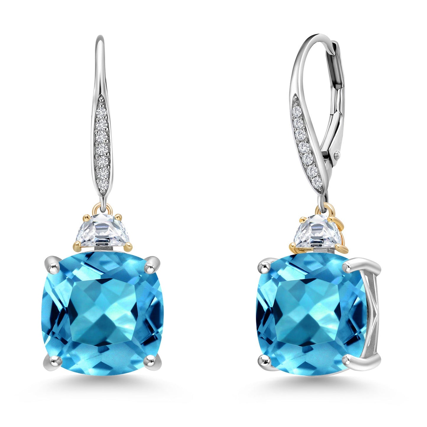 Drop Dangle Earrings For Women with 12MM Cushion Gemstone Birthstone 5X3MM Half Moon White Moissanite and White Lab Grown Diamond In 925 Silver and 10K Yellow Gold