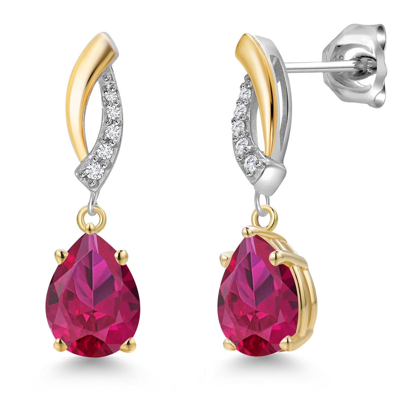 925 Silver and 10K Yellow Gold 8X6MM Pear Shape Gemstone Birthstone and White Lab Grown Diamond Teardrop Dangle Earrings for Women