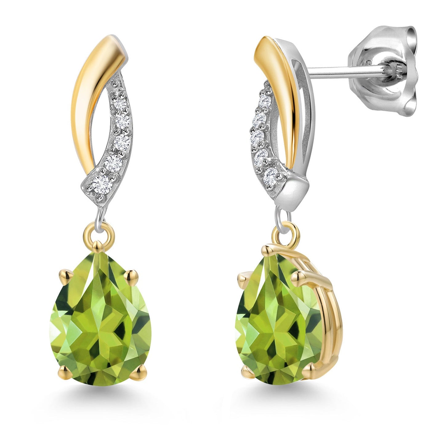 925 Silver and 10K Yellow Gold 8X6MM Pear Shape Gemstone Birthstone and White Lab Grown Diamond Teardrop Dangle Earrings for Women