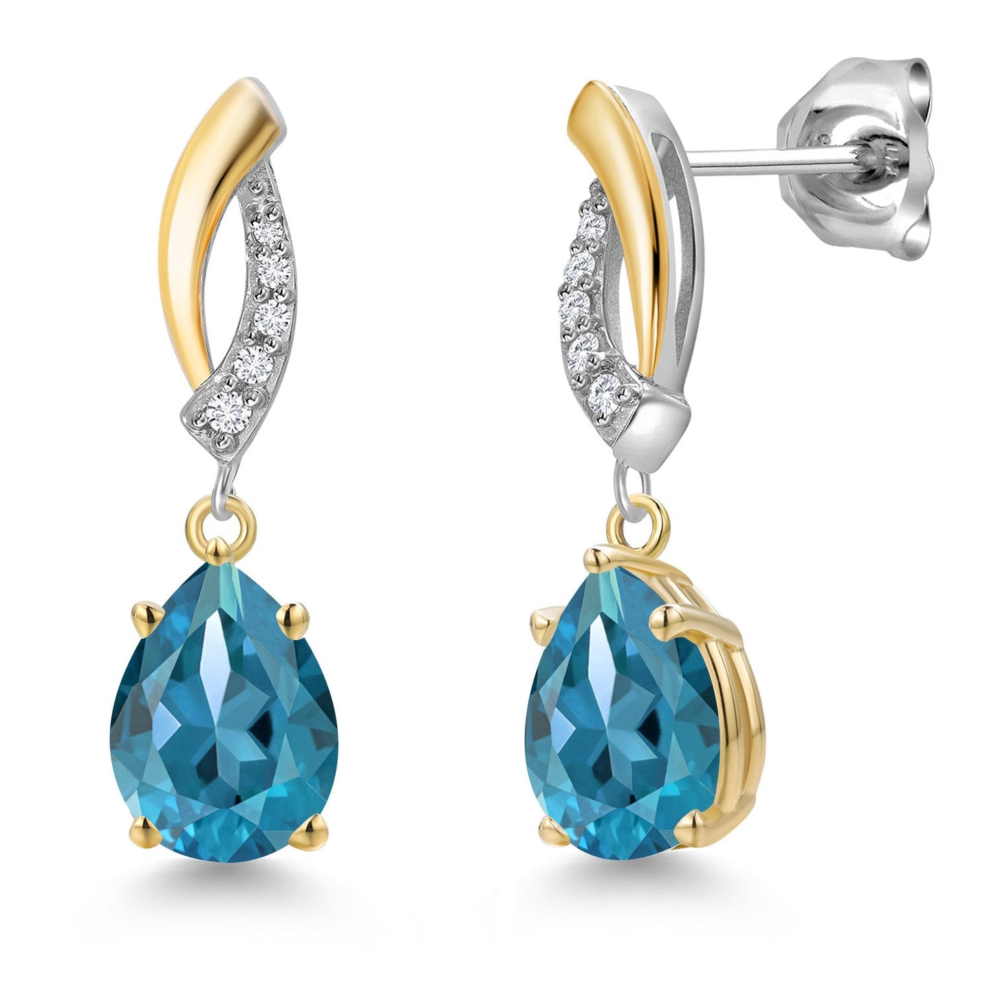925 Silver and 10K Yellow Gold 8X6MM Pear Shape Gemstone Birthstone and White Lab Grown Diamond Teardrop Dangle Earrings for Women
